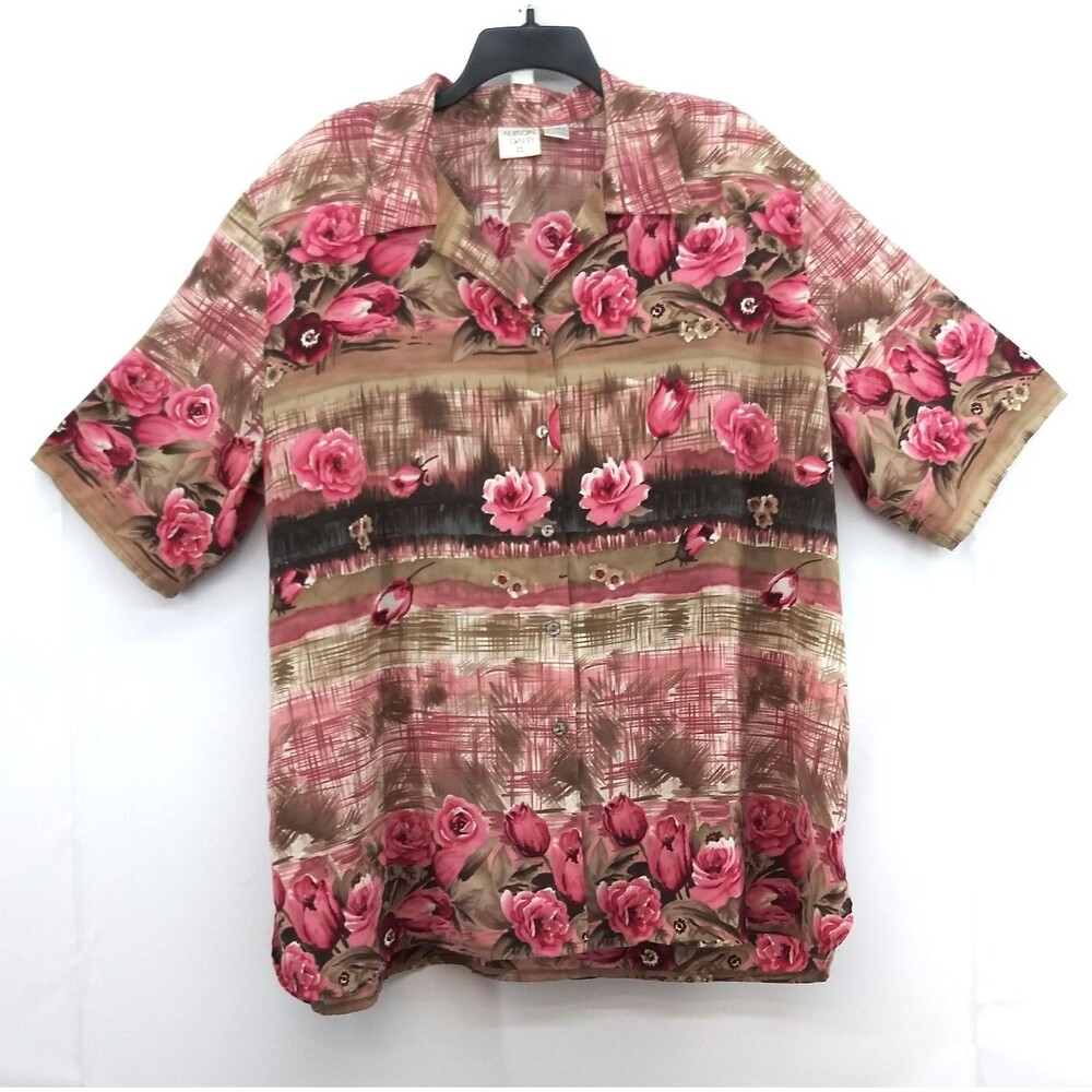 Allison Daley Dress Shirt Women Plus Size 24W Brown Pink Floral Button Up Top